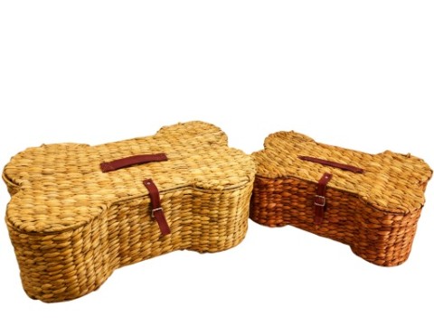 Top-tier Bone-Shaped Water Hyacinth Basket Set of 2 with Hinged Lids